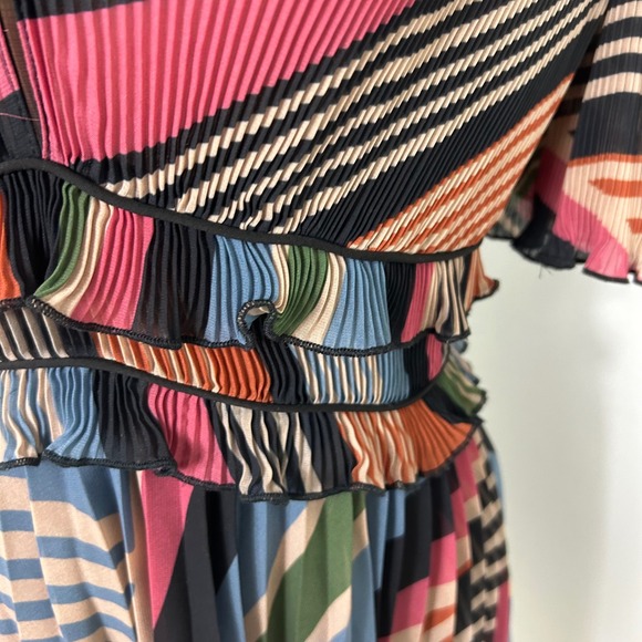 SAYLOR Mini Dress Striped Pleated Ruffle Multicolor V-Neck Flared Sleeve‎ - Picture 10 of 13